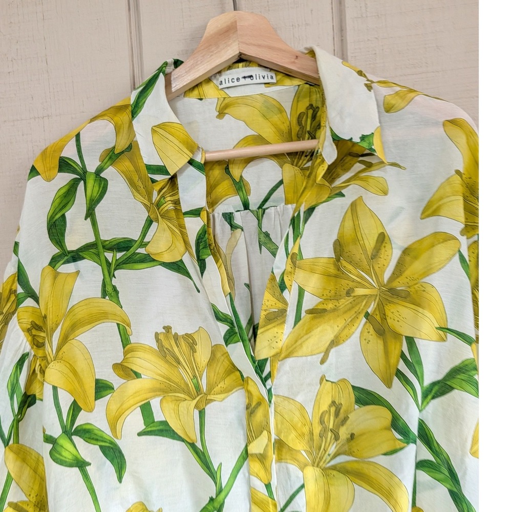 Alice +‎ Olivia Maylin Yellow Lily Floral Silk Blend Puff Sleeve Blouse Large - Picture 6 of 16